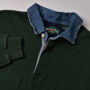 Vintage American Eagle Outfitters Green Long Sleeve 1/4 Button Denim Collar Med
